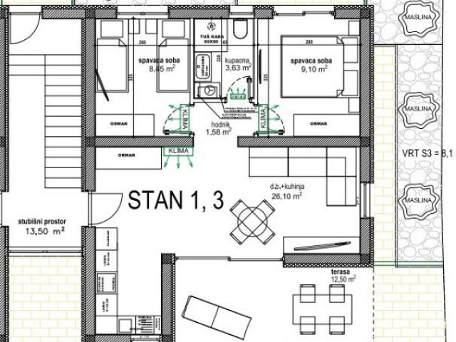 Půdorysy 1 – byt Apartmán v 1. patře se střešní terasou na Viru