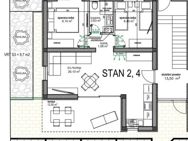 Půdorysy 1 – byt Apartmán se 2 ložnicemi a střešní terasou v 1. patře, 80 m od pláže na Viru
