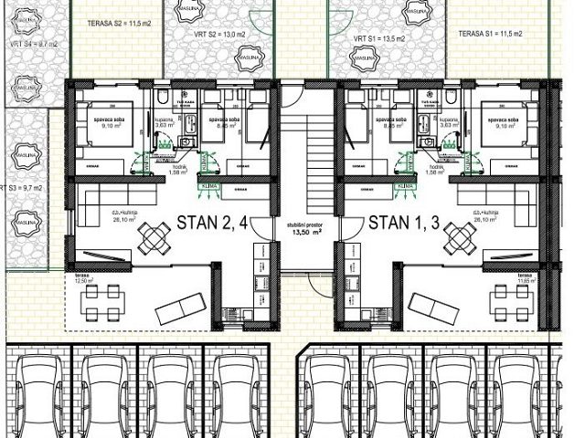 Půdorysy 2 – byt Apartmán se 2 ložnicemi a střešní terasou v 1. patře, 80 m od pláže na Viru